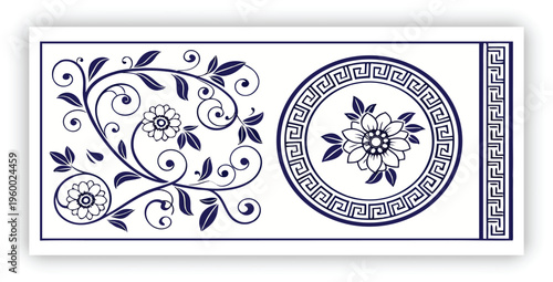Traditional Chinese porcelain floral pattern, cobalt blue and white color palette, intricate flowers and vines, seamless decorative pattern set, square tiles, circular plate frame with greek key borde