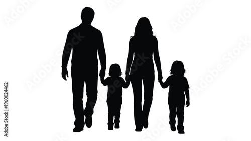 A family of four walking together