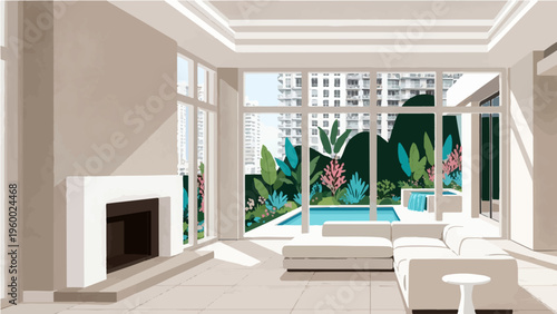 Bright modern living room with fireplace large windows sofa and tropical garden view vector illustration