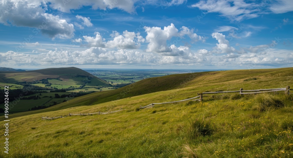 Fototapeta premium Scenic hillside panorama with vibrant grass and rolling hills under a bright sky with scattered clouds
