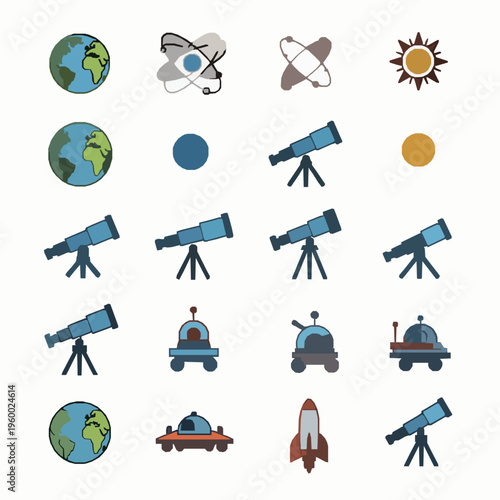 Astronomy vector icon set earth orbit sun telescope spaceship EPS10 isolated on white