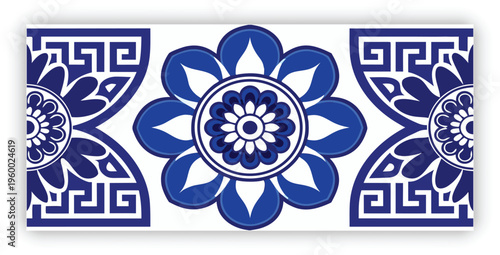 Traditional Chinese porcelain floral pattern, cobalt blue and white color palette, intricate flowers and vines, seamless decorative pattern set, square tiles, circular plate frame with greek key borde