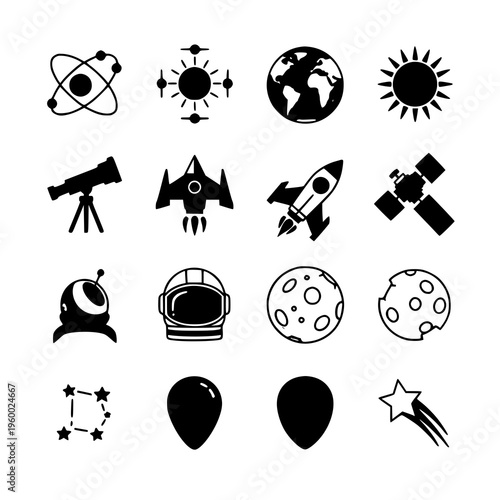 Space exploration icon set vector earth sun orbit spaceship EPS10 isolated on white