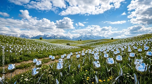 Flowering field with blue and white tulips under a cloudy sky  