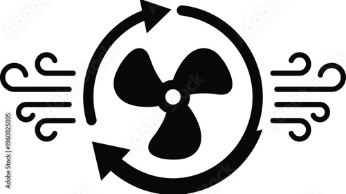 Air circulation icon with rotating fan blades and wind arrows, ventilation system symbol, cooling and airflow vector graphic for HVAC