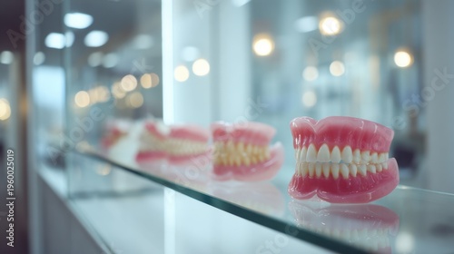 Dentures lined on glass shelf with blurred clinic background