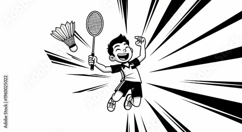 Excited boy jumping with a badminton racket and shuttlecock, celebrating a victory in a dynamic black and white illustration.