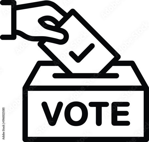 Voting icon with hand putting ballot into box, democratic election concept vector, black line art illustration for political campaign and civic duty