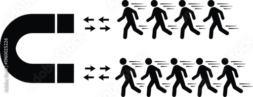 Lead generation magnet attracting customers, black horseshoe magnet pulling people icons, customer acquisition and marketing strategy vector