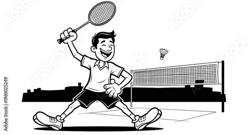 A black and white graphic illustration of a male soccer player celebrating in mid-air with arms raised, depicting triumph and motion.