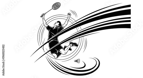 Dynamic black and white illustration of a badminton player jumping high to smash a shuttlecock with powerful motion lines.