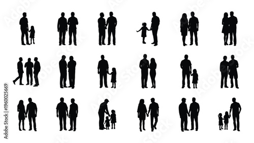 Various silhouettes of people and pets in different poses