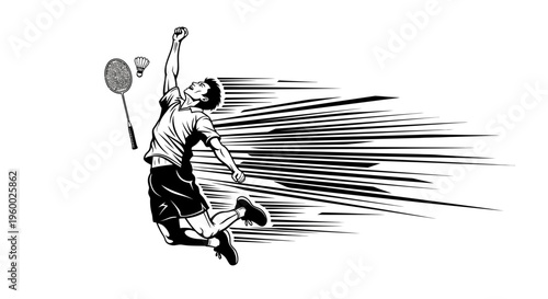 Dynamic black and white illustration of a male badminton player jumping triumphantly with a racket and shuttlecock, showing speed and energy.