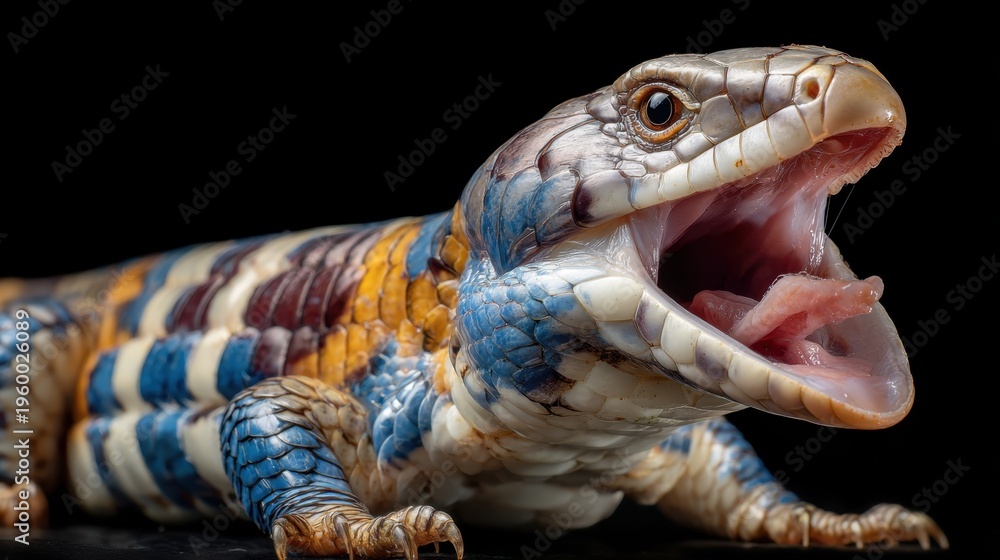 Fototapeta premium Colorful lizard opening mouth on black studio background