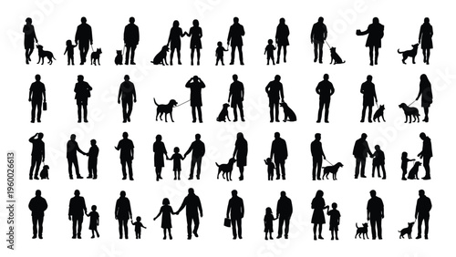 A collection of people and their dogs in various poses