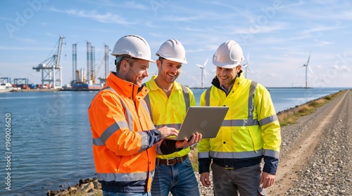 Team of engineers using laptop at industrial port with wind turbines. Smiling maritime workers in safety gear collaborating on renewable energy project near harbor