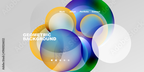 Abstract colorful shapes overlap. Text labels include work, about, portfolio, contact. Geometric background design appears modern, vibrant.