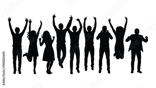A group of people jumping in the air with their arms raised