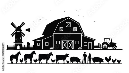 A farm scene with a barn and animals