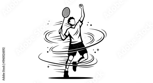 A dynamic black and white illustration of a badminton player in action, celebrating a point with a racket and energetic swirls.