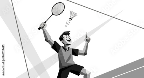 A happy male badminton player celebrates a victory, holding a racket and pointing upwards with a shuttlecock in the air, black and white illustration.