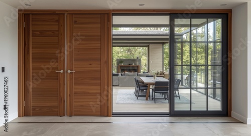 Modern styled interior living area showcasing wood door and clear glass window