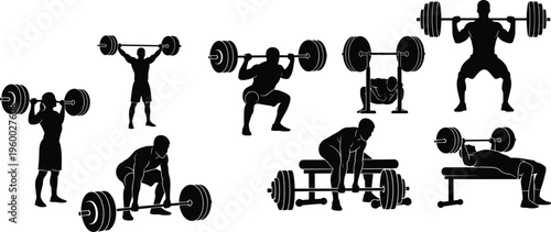 Barbell strength training silhouette set with squat deadlift bench press and overhead lifting exercises isolated on white background