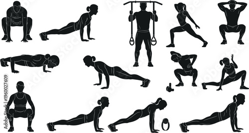 Bodyweight workout silhouette set with push ups squats lunges and strength training exercises isolated on white background