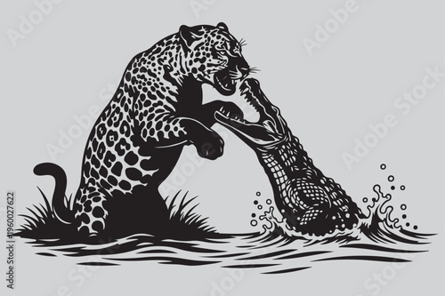 jaguar water ambush crocodile clash silhouette vector design art and illustration