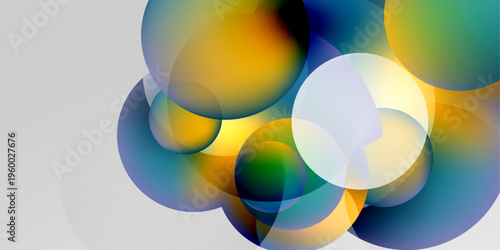 Abstract colorful circles overlap, creating vibrant gradients. Background contrasts dark, light areas. Modern design element.