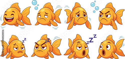 Cute goldfish emotion cartoon set with happy sad angry sleepy and surprised expressions in colorful kawaii style isolated on white background