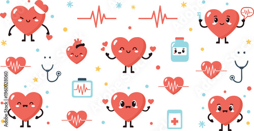 Cute heart health cartoon vector set featuring smiling hearts ECG pulse medical icons and cardiology elements in colorful kawaii illustration design