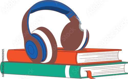 Colorful headphones on top of stack of books for audiobook learning