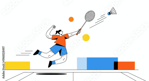 A dynamic illustration of a person jumping to hit a shuttlecock with a badminton racket on a court, surrounded by abstract geometric shapes.