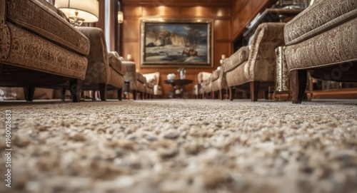 Low angle glance at elegant indoor furnishings and a soft dense carpet