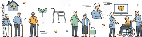 Elderly care and assisted living illustration set with seniors caregivers wheelchair support and home healthcare services in modern flat design