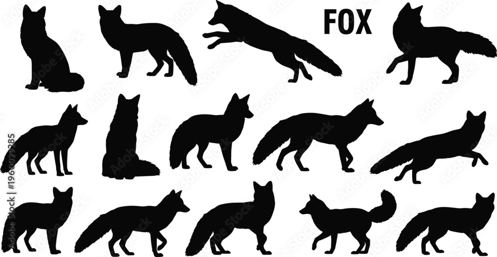Fototapeta premium Fox silhouette set with wild animals jumping and walking in various poses cad drawing flat vector illustration flavector for forest (20 words)