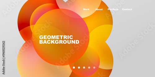 Abstract shapes overlap, creating vibrant orange, yellow hues. Text displays geometric background, navigation links present. Minimalist design.