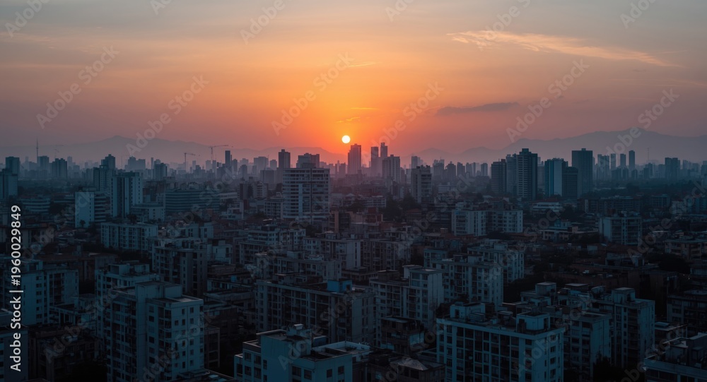 Fototapeta premium Dawn breaking over a dense cluster of urban office buildings