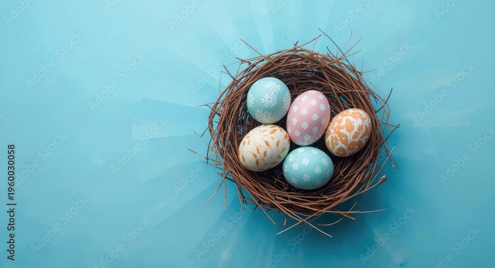 Obraz premium Pastel painted eggs in natural bird nest on radiant blue surface for Easter banner with copy space