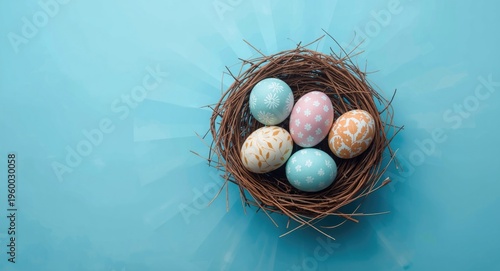 Pastel painted eggs in natural bird nest on radiant blue surface for Easter banner with copy space