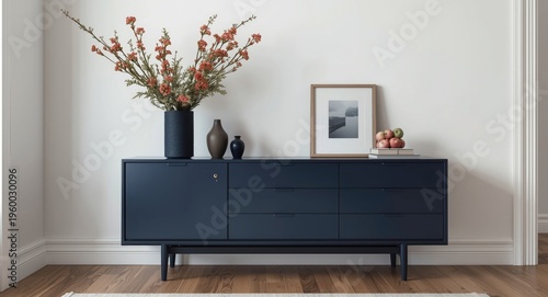Modern room showcasing Scandinavian navy commode floral vase and stylish accessory arrangement