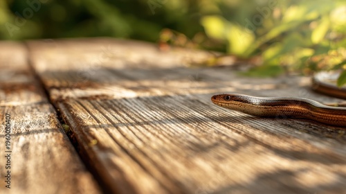 Slow worm moving along sunlit wooden plank near foliage