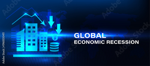 Economic recession concept with declining financial graph and crisis indicator icon. Global economy slowdown showing market downturn, reduced growth and financial instability.