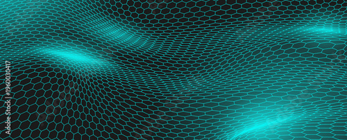 A neon glowing perspective honeycomb grid with sky-blue hexagons. An abstract geometric fiber pattern featuring a descending grid. Vector graphics for modern packaging, wallpaper, and branding