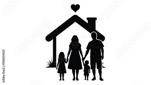 A family of four standing in front of a house with a heart above