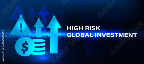 Global investment risk concept with financial graph decline and warning icon. Economic system showing market uncertainty, investment loss and global financial risk.