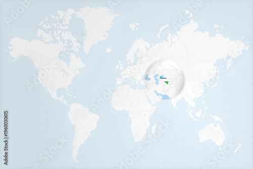 Uzbekistan Map with Flag in Magnifying Glass on World Map Background