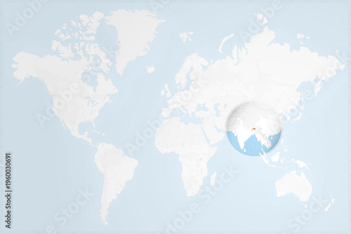 Bhutan Map with Flag in Magnifying Glass on World Map Background