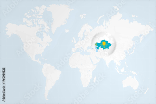 Kazakhstan Map with Flag in Magnifying Glass on World Map Background